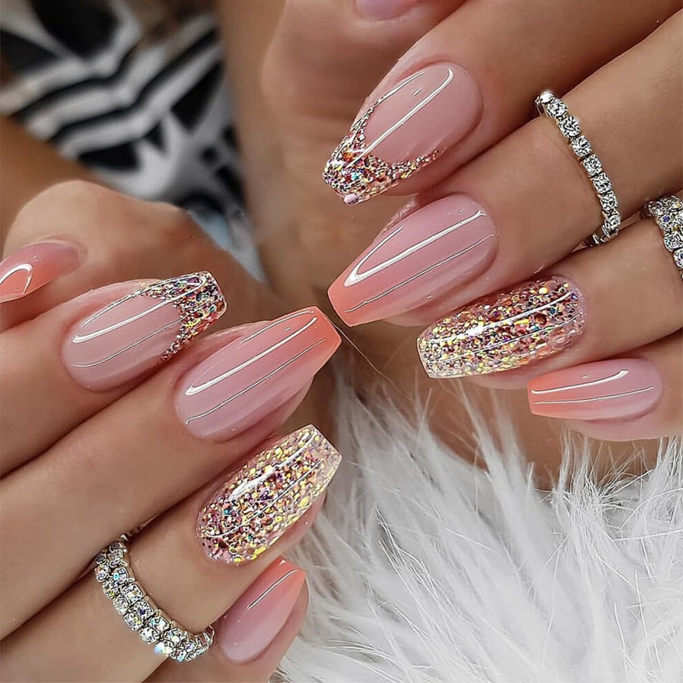 Orange Ballerina Press On Nails Gradient Glitter Medium Acrylic Fake Nails Full Cover Reusable 24Pcs