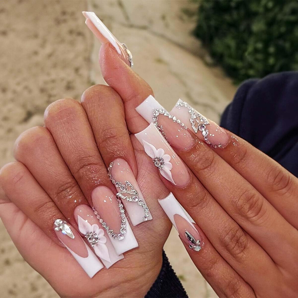 French Tip Long Square Press on Nails with Rhinestones Butterfly Design Glossy Acrylic 24pcs