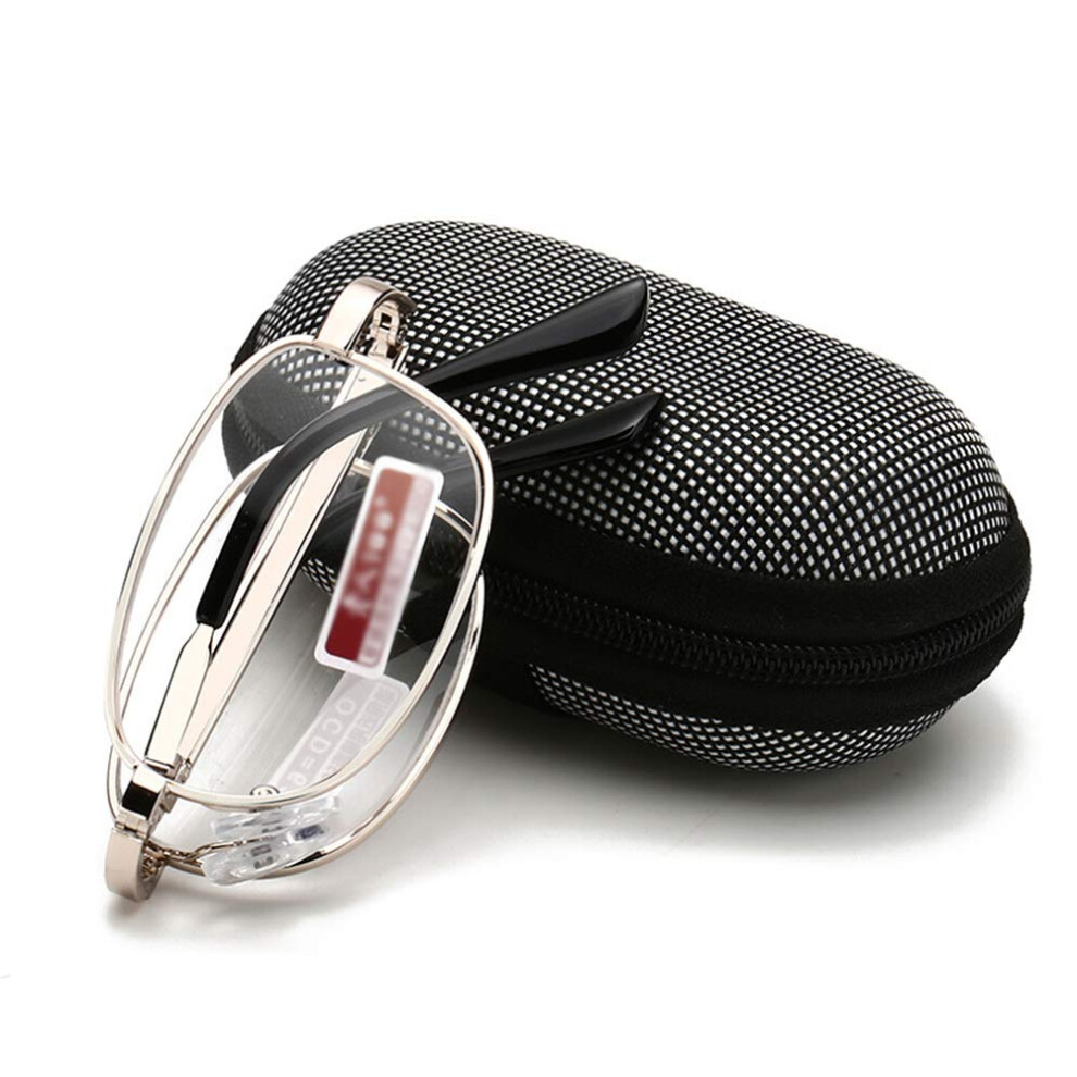 Folding Reading Glasses Blue Light Filter Compact Golden Metal Frame with Case +1.00 to +3.00