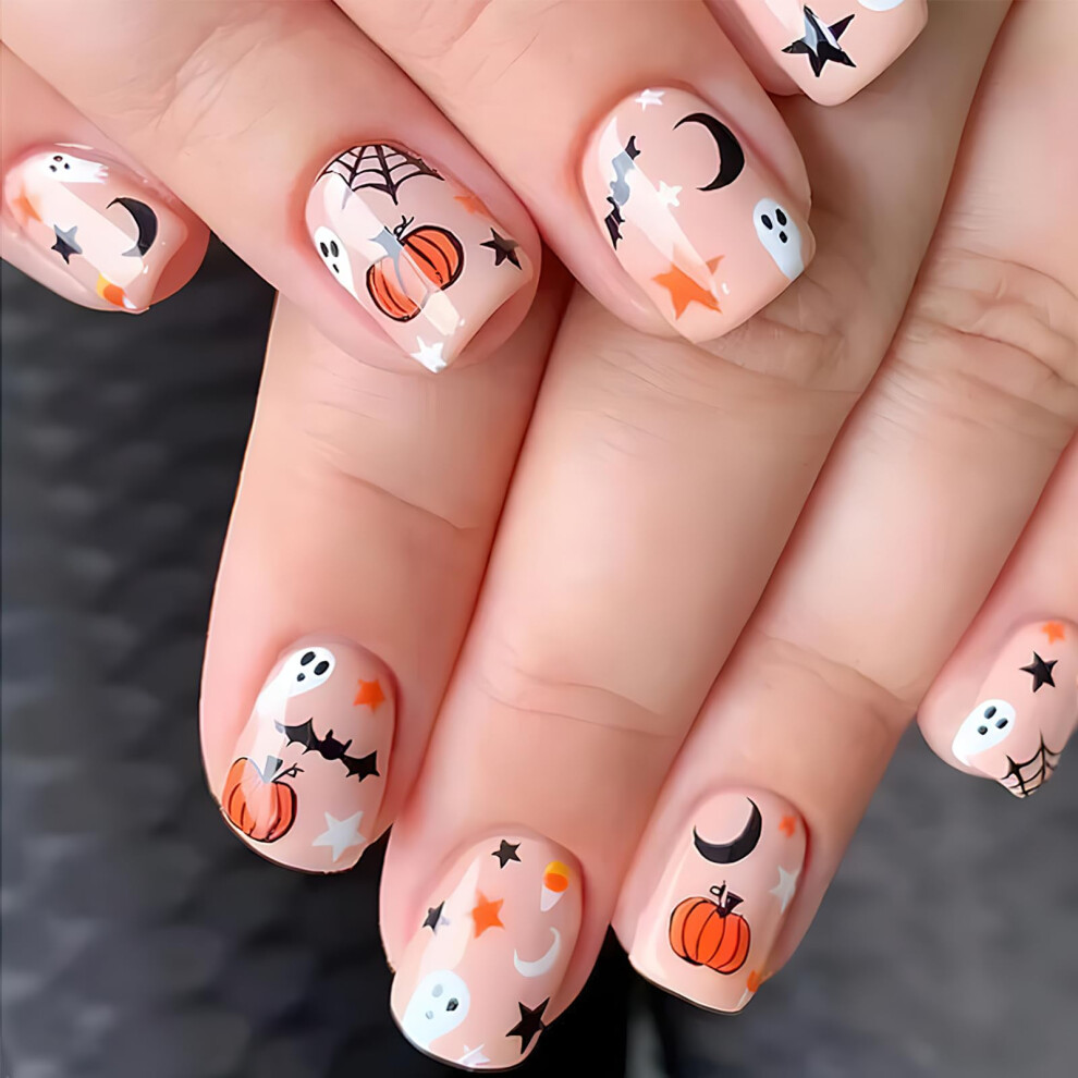 Halloween Press On Nails Short Square Coffin Set with Pumpkin Ghost Design 24pcs Reusable