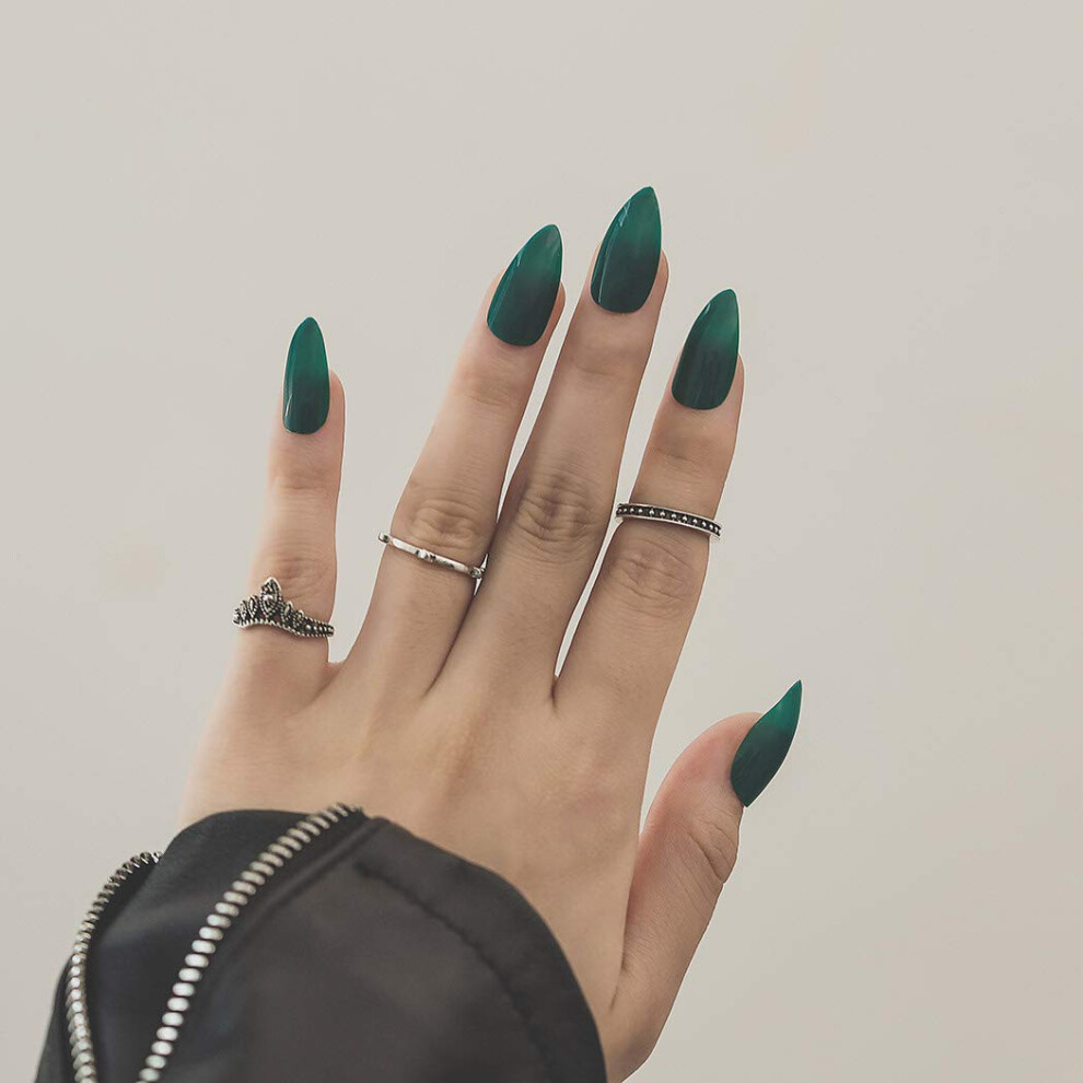 Green,Cream Glossy Nude Stiletto False Nails Set 24Pcs Long Sharp Fake Nails For Women Green