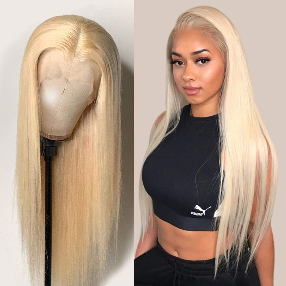 Unisex 613 Blonde Full Lace Human Hair Wig 20 Inch Straight Brazilian Remy Pre Plucked Bleached Knots