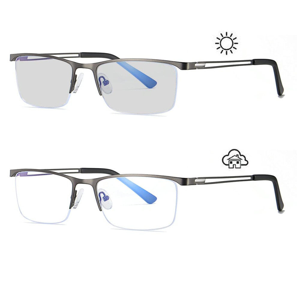 Grey Photochromic Reading Glasses +150 Square Metal Half Frame with 150x Ultra Magnification
