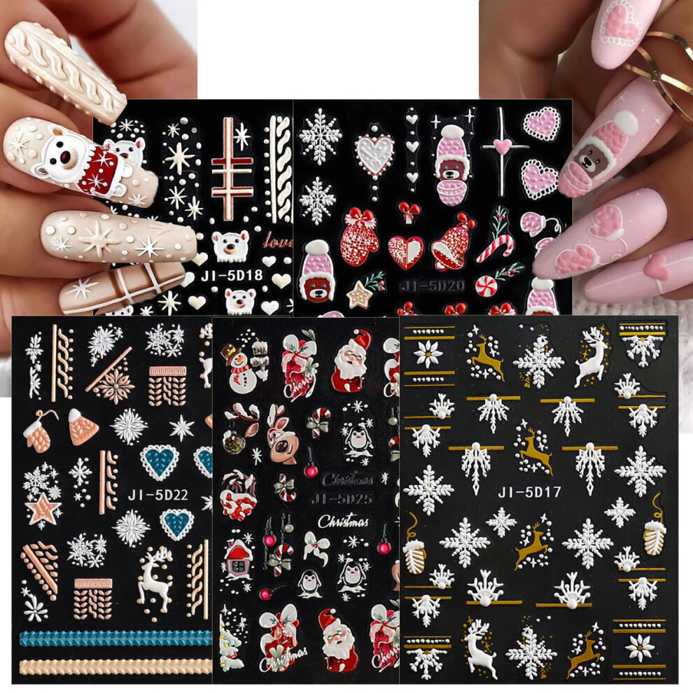 5Pcs Christmas Nail Stickers 5D Embossed Snowflake Winter SelfAdhesive Decals for Women Manicure