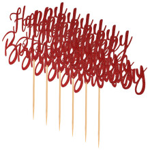 24Pcs Red Glitter Happy Birthday Cake Picks Stylish Party Cake Toppers