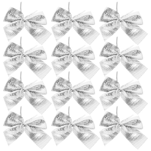 48Pcs Christmas Silver Bowknot Ornament Cloth Xmas Tree Decor