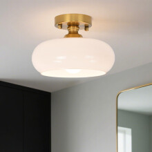 Flush Mount Ceiling Light 11 Inch White Glass Brass Mid Century Modern Fixture for Bedroom Hallway