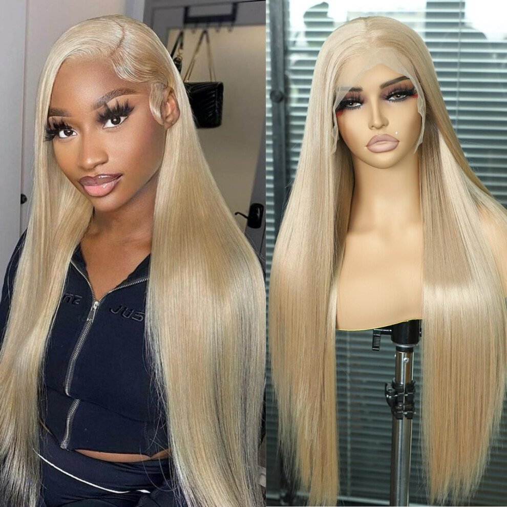 Unisex Ash Blonde 13X6 Synthetic Lace Front Wig Heat Resistant Silky Straight 26Inch For Women