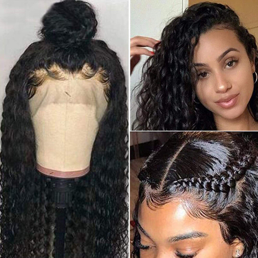 Unisex Black Human Hair Lace Front Wig 10 Inch Water Wave 360 Lace Frontal Pre Plucked Bleached Knots Brazilian Virgin Wig For Women