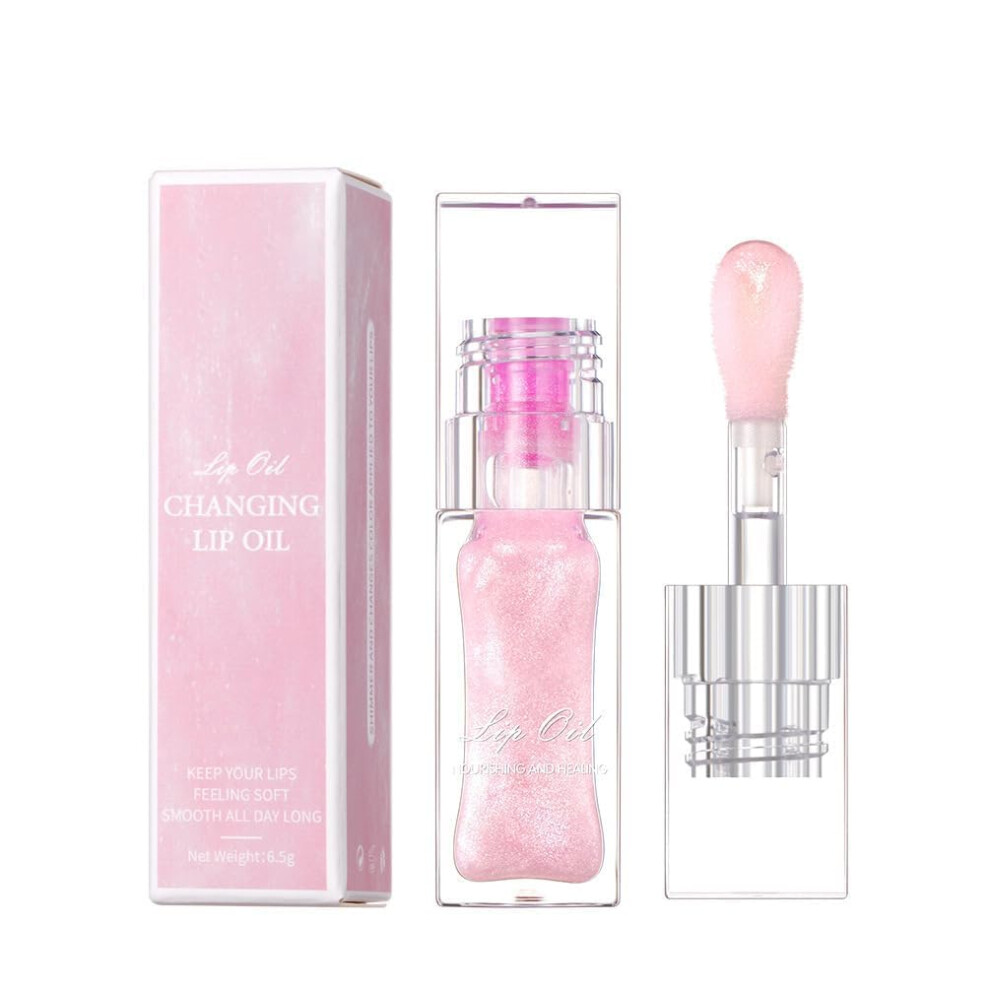 Color Changing Lip Oil with Large Brush, Hydrating pH Reactive Glossy Lip Balm 6.5g
