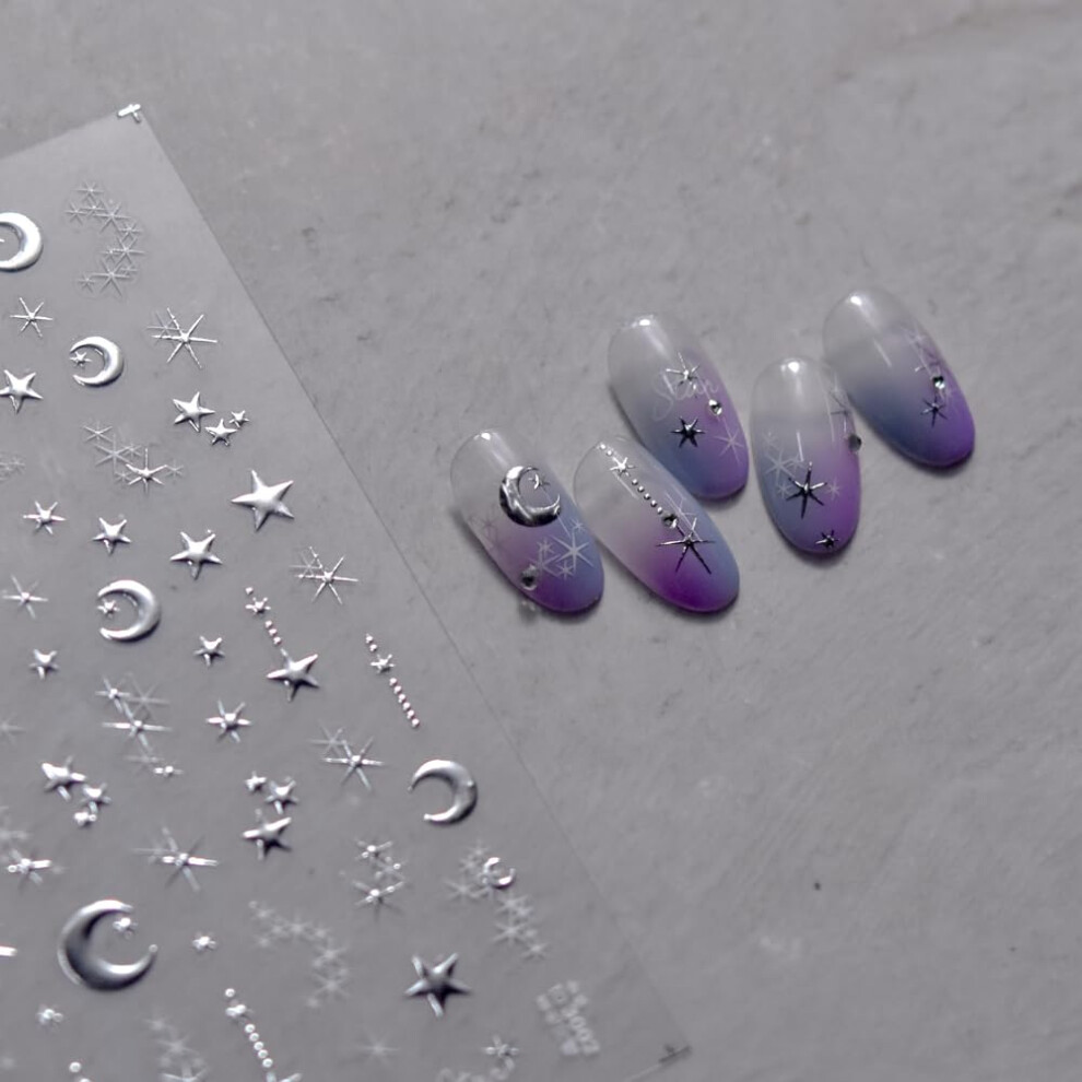 Silver Moon Star Nail Art Stickers Decals With Metallic Finish For Acrylic Manicure Nails