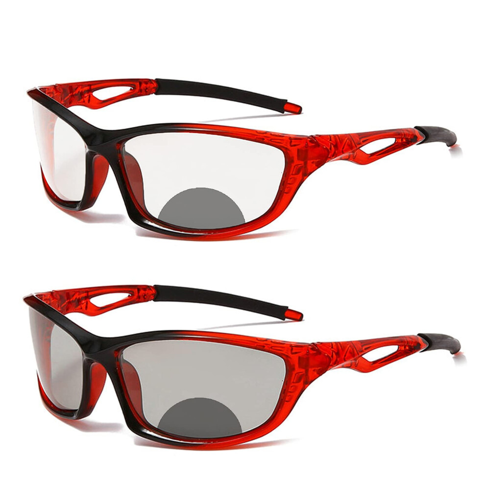 Photochromic Bifocal Reading Sunglasses for Men and Women, Square Sports Cycling Readers Red 0+4.00
