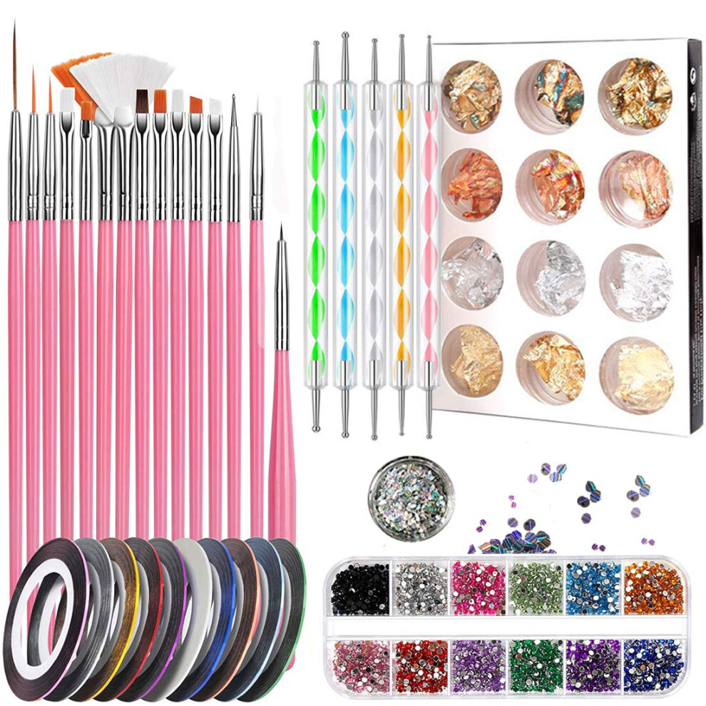 Professional Nail Art Kit with 15pcs Brushes, Dotting Tools, Rhinestones, Foil Flakes and Striping Tape