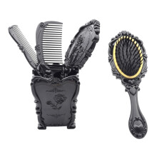 Vintage Hair Brush and Comb Set with Handheld Mirror for Girls, Wide Tooth and Detangling Kit, Black