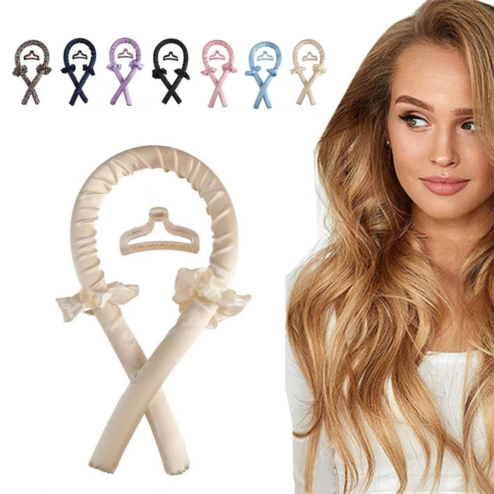 Beige Heatless Hair Curler For Long Hair Overnight Curling Rod Headband With Satin Finish