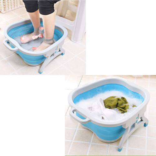 Foldable Foot Spa Bath with Massage Bottom, Blue Plastic Soaking Tub, 19cm Compact Basin 1