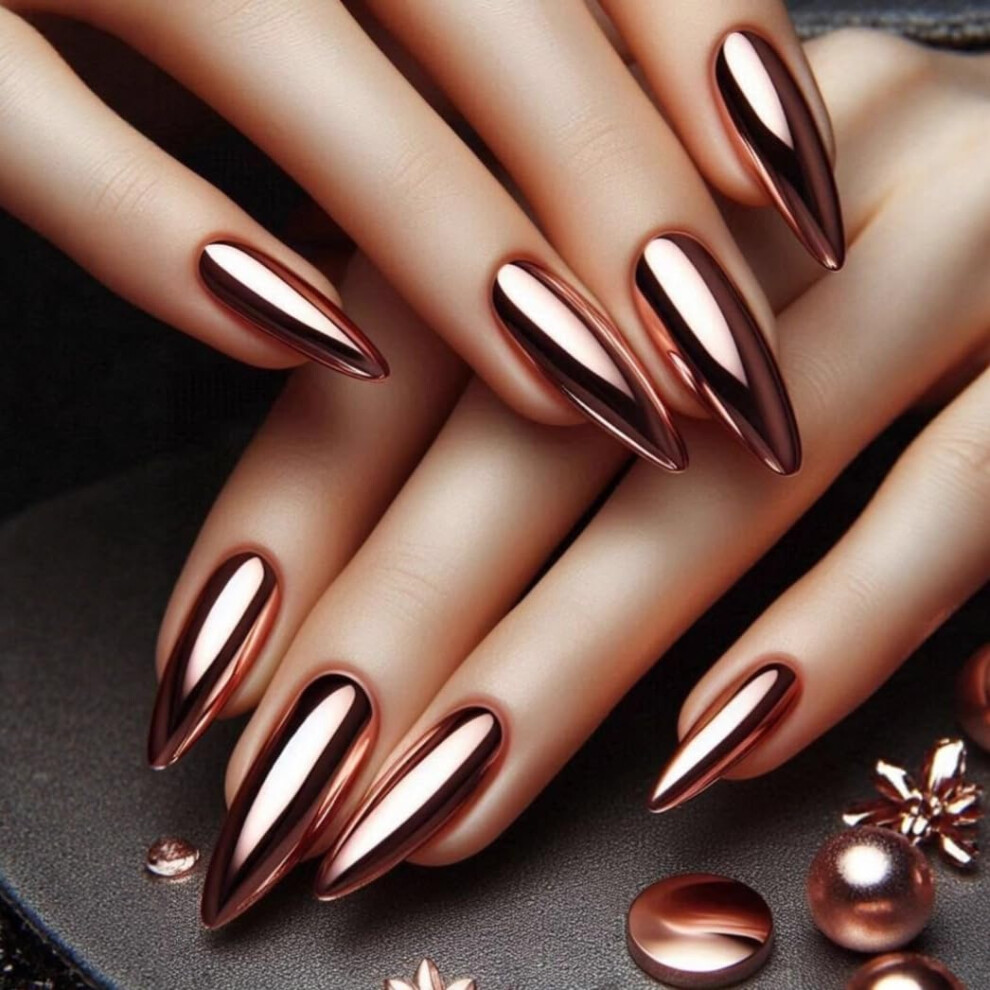 Gold Rose Chrome Press On Nails Aurora Stiletto Fake Nails Salonquality Reusable Set 24Pcs