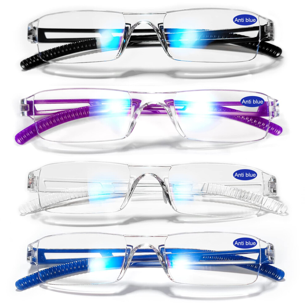 4 Pack Blue Light Blocking Reading Glasses for Women Rimless Clear Frame Multiple Magnifications