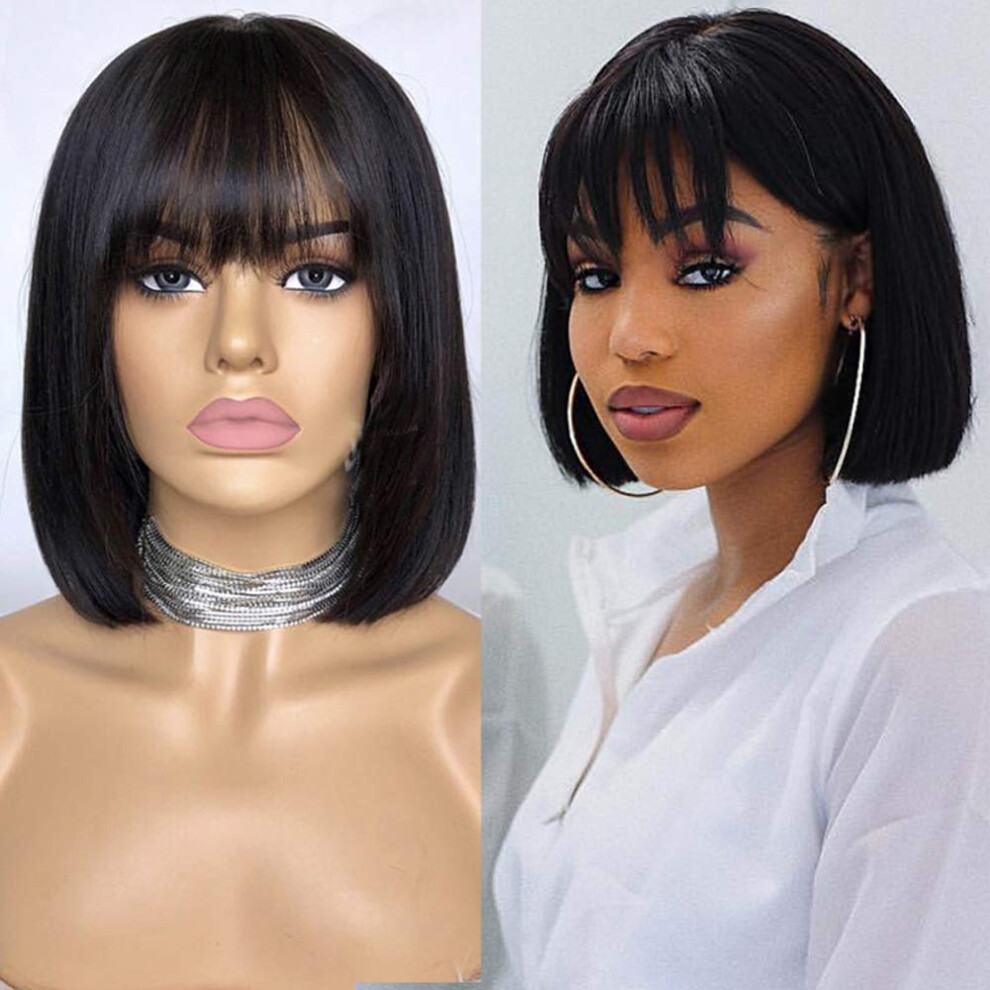 Human Hair Lace Front Wig 10 Inch Short Bob Brazilian Remy with Bangs for Black Women