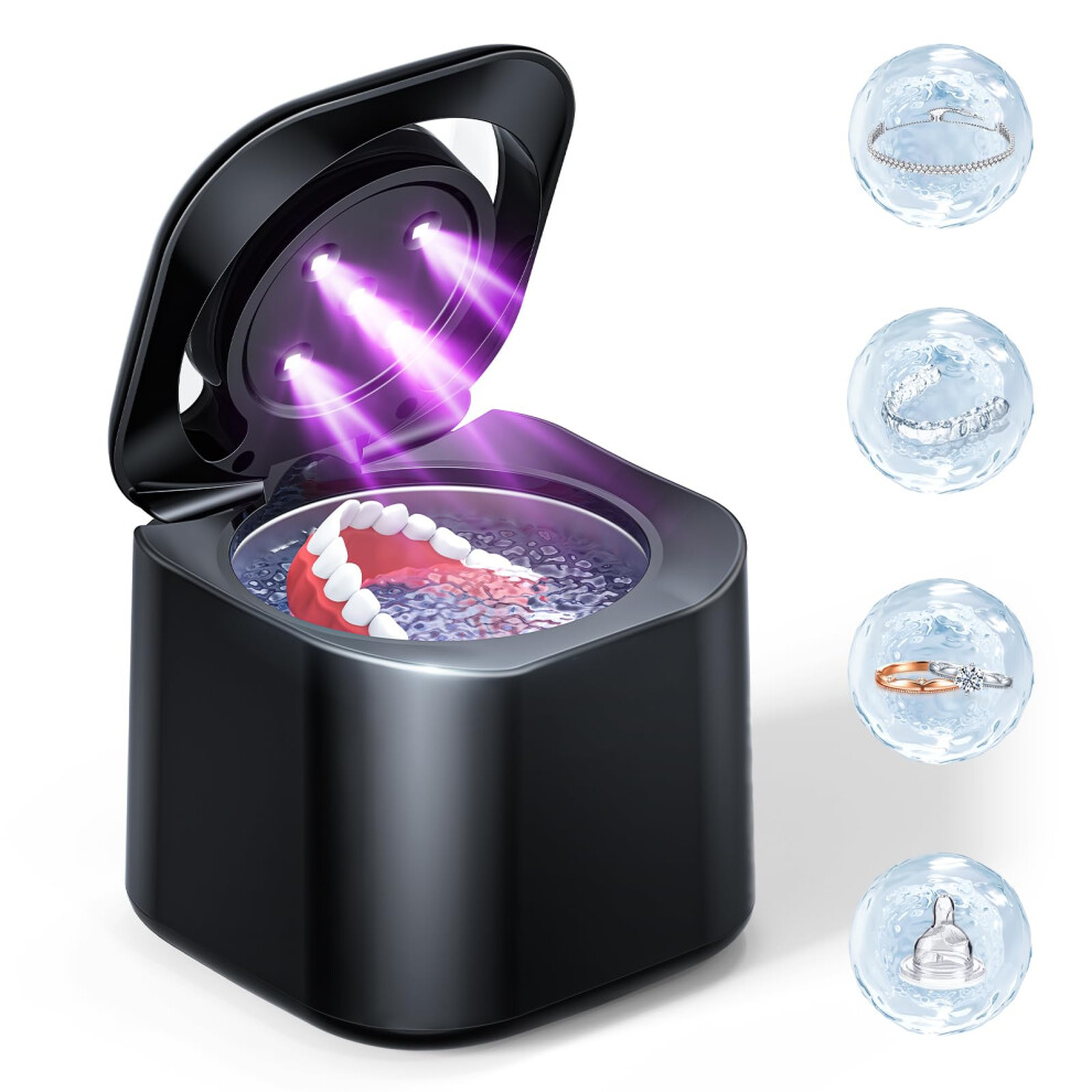 Black Ultrasonic Retainer Cleaner 48Khz Dental Cleaner For Dentures Mouth Guards Dual Mode 180Ml Timer