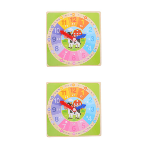 2Pcs Natural Wood Kids Clock Model Multicolor Educational Toy 2
