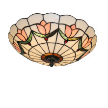 16 Inch Style Stained Glass Ceiling Light, Vintage Flush Mount Fixture for Living Room, Pink