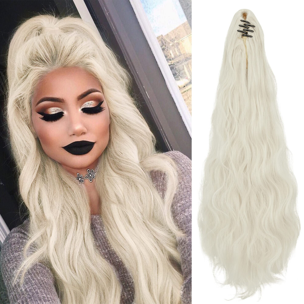 Platinum Blonde Curly Clip On Ponytail Extension 18 Inch with Seamless Claw Clip for Women