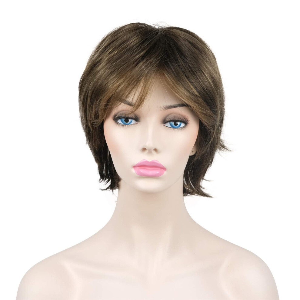 Unisex Brown Short Shaggy Wig With Bangs 10' Synthetic Layered With Blonde Highlights For Women
