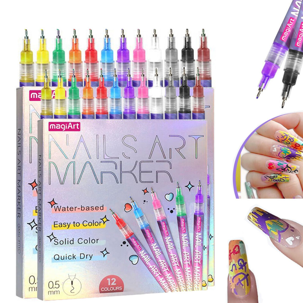12 Colors Nail Art Pens Set with Quick Drying Waterproof Gel Polish and UltraFine Precision Tip (2PCS)