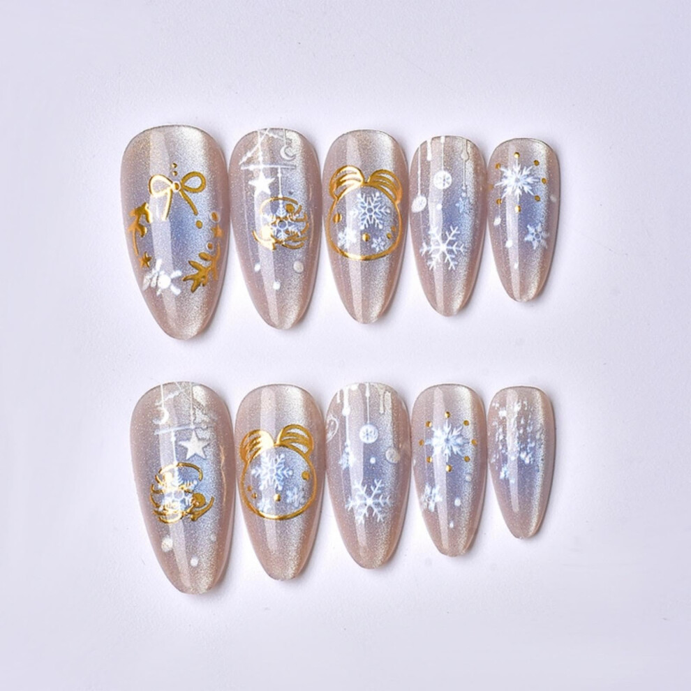 Blue Christmas Press On Nails Set Almond Shape Snowflake Design Glossy Ombre Reusable 24Pcs