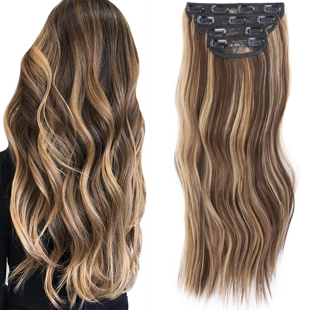 Unisex Brown 20 Inch Ombre Clip In Hair Extensions Chocolate To Caramel Blonde Double Weft Synthetic