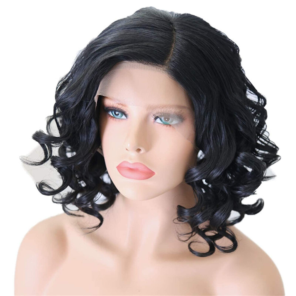 Unisex Black Short Curly Lace Front Wig For Women, Heat Resistant Synthetic, Natural Scalp Appearance
