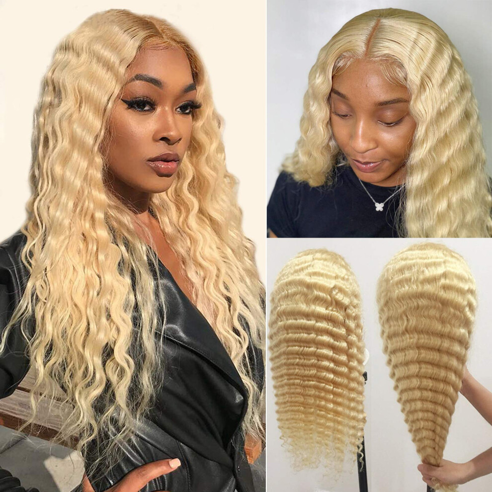 Unisex Curly Lace Front Wig Brazilian Virgin Deep Wave Pre Plucked Middle Part Glueless 22 Inch