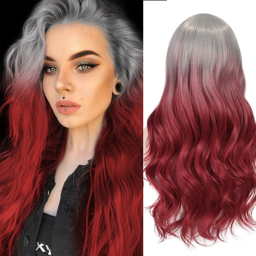 Unisex Red,Silver,Grey Long Wavy Ombre Red Wig With Natural Hairline, Heat Resistant Synthetic Fiber, 24 Inch Silver Grey
