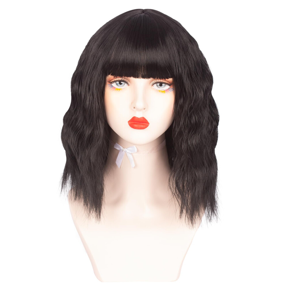 Unisex Black Short Bob Wig With Bangs, 14 Inch Kinky Straight Synthetic, Heat Resistant For Women