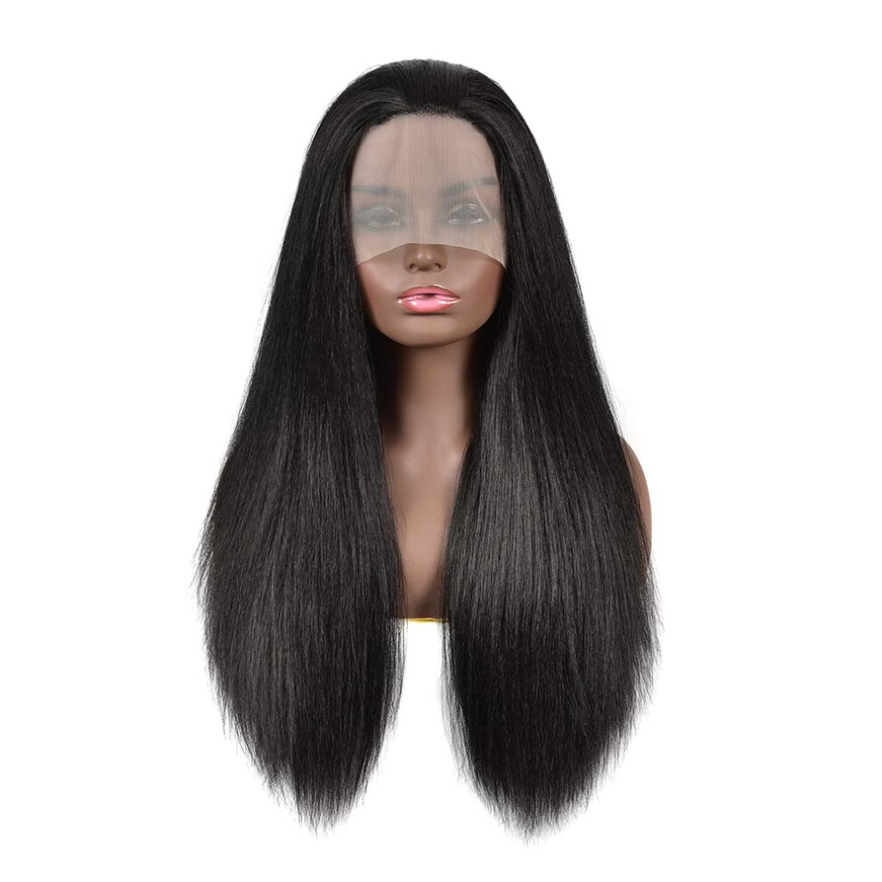 Unisex Black 18 Inch Yaki Straight Lace Front Wig For Women 1B Long Synthetic Naturallooking Hair
