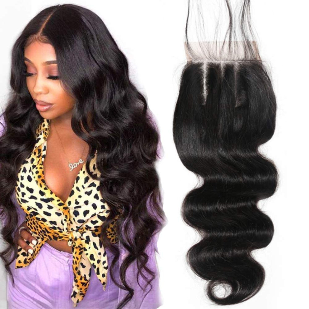 Brazilian Body Wave Lace Closure 4x4 Swiss Three Part 20 Inch Natural Virgin Human Hair