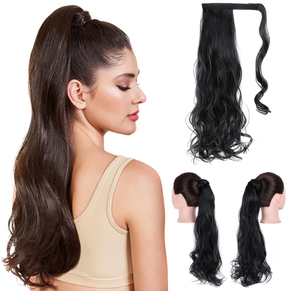 24 Inch Wave Curly Clip in Ponytail Hair Extension Synthetic Natural Black Wrap Around Hairpiece