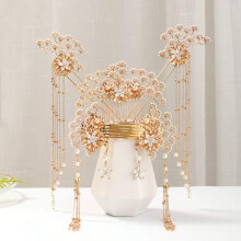 Chinese Bridal Hair Accessories Set with Gold Butterfly Tassel and Pearl Comb for Wedding