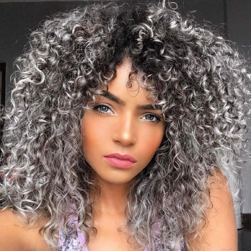 Unisex Gray Curly Wigs For Women 12 Inch Kinky Afro Wig With Bangs Ombre Glueless Headband Design