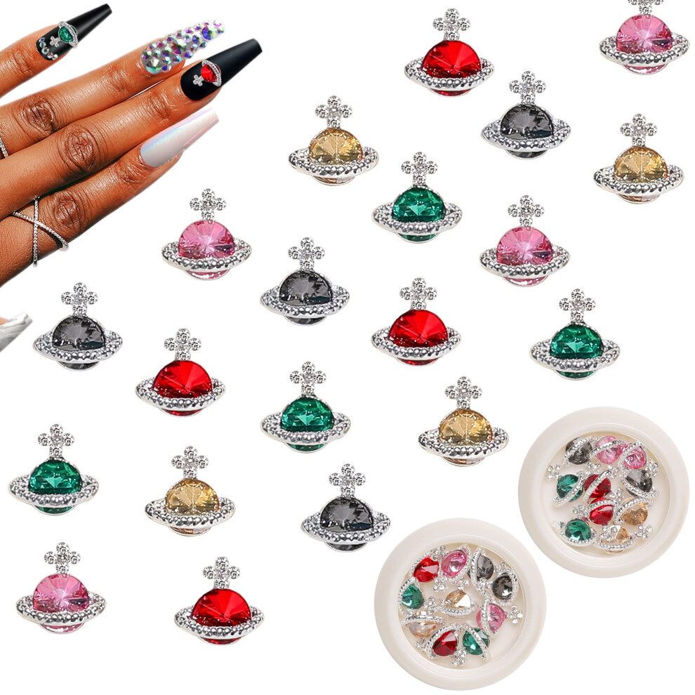 Black/Orange/Red 3D Saturn Planet Nail Charms With Rhinestones, 5 Colors Nail Art Decorations For Manicure