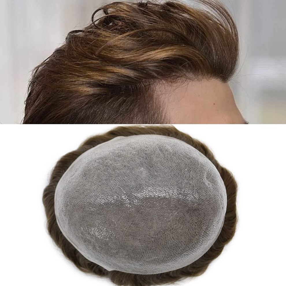Unisex Brown Men's Toupee 0.06Mm Thin Skin Hair System Natural Hairline Poly Base Human Hairpiece 8X10 Lightmed 40% Gray 90% Density