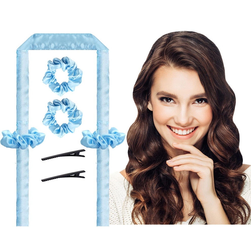 Blue Heatless Hair Curler Rod Headband For Overnight No Heat Styling With Clips And Scrunchies,