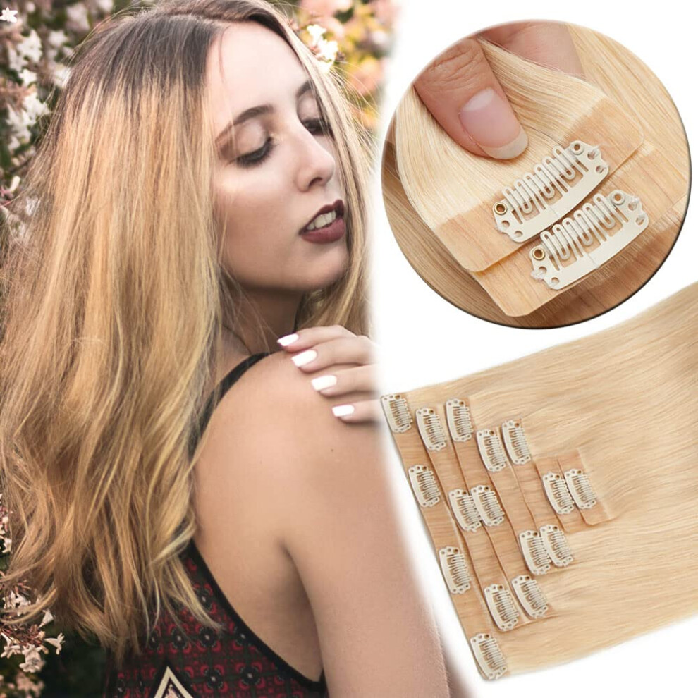 Unisex Human Hair Clip In Extensions 18 Inch Remy Pu Skin Weft Balayage Blonde Seamless Full Head