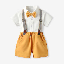 (As show, One size) Pxcl Children's Gentleman Suit Summer Yellow Short Sleeve Shirt Fashion Bib Shorts Two Piece Set, 100cm