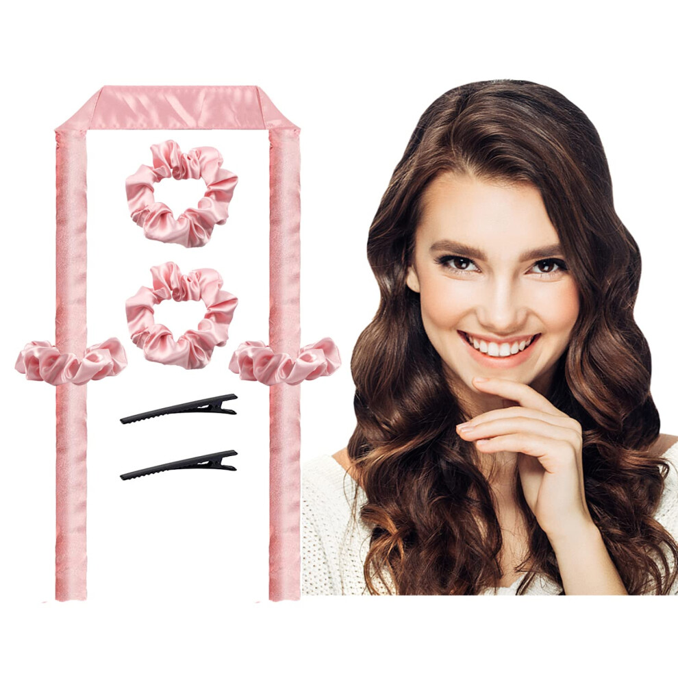 Pink Heatless Hair Curler For Long Hair With Scrunchies, Overnight No Heat Curling Rod For Soft Waves,