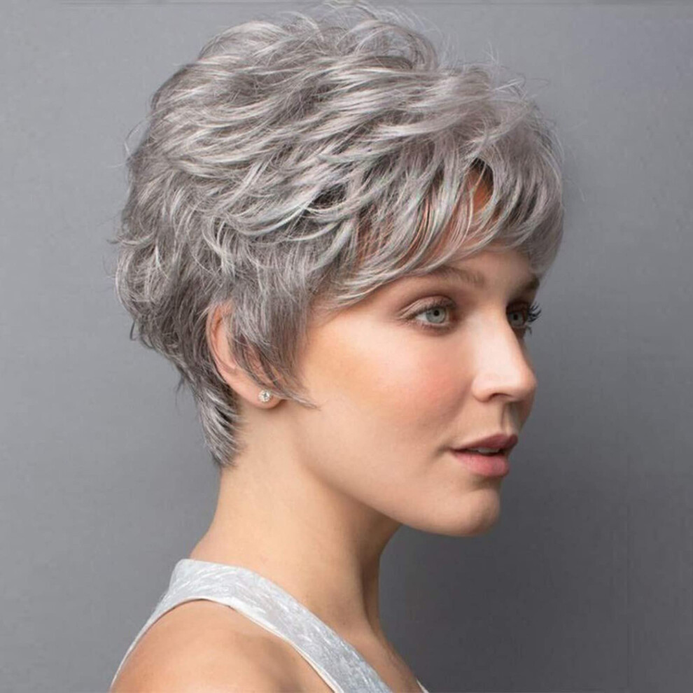 Unisex Grey Human Hair Pixie Cut Wig With Bangs Layered Wavy Readytowear Style For Women