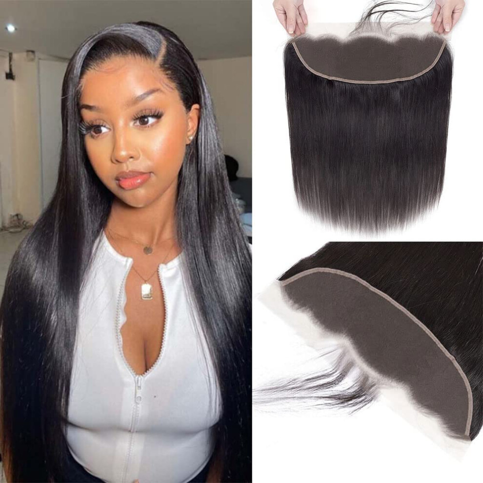 Unisex 13X4 Hd Lace Frontal Closure Brazilian Virgin Straight Hair With Preplucked Baby Hair 8 Inch