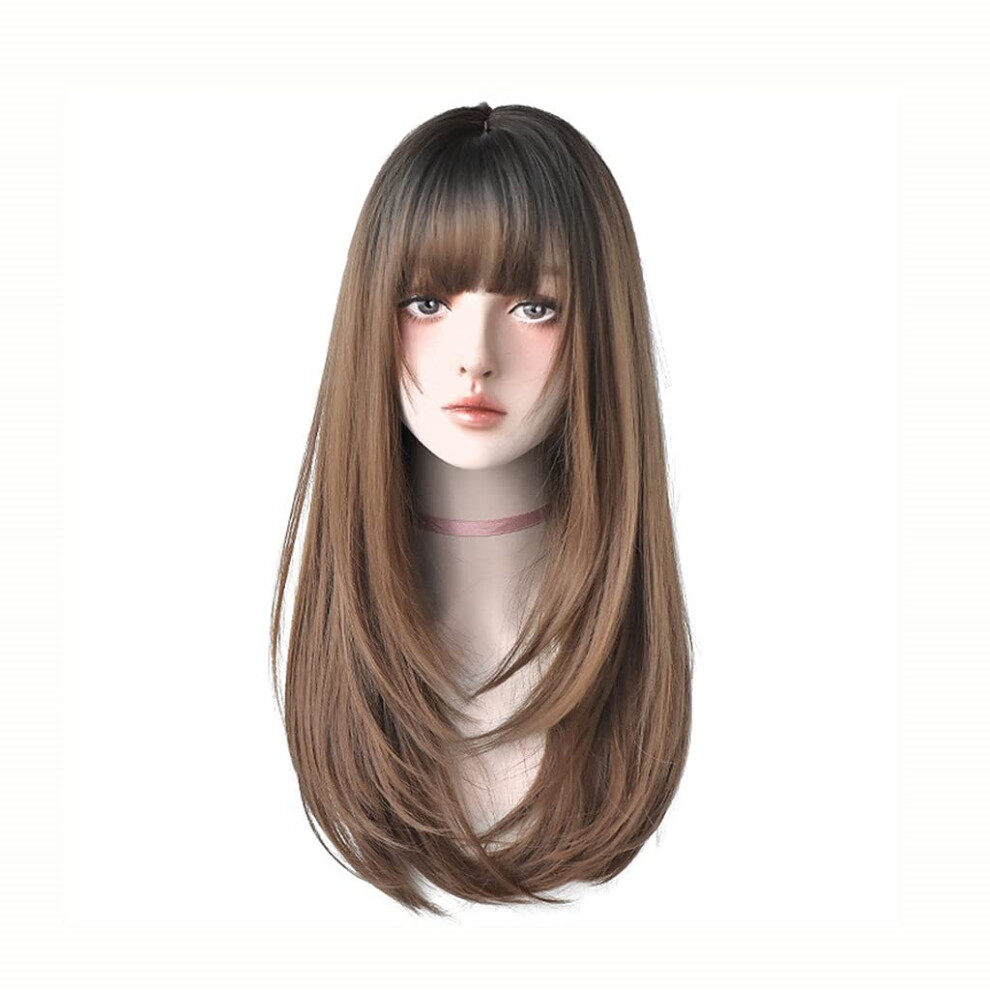 Unisex Pink,Black,Brown 26 Inch Long Straight Synthetic Wig For Women Ombre Pink Black Brown With Bangs Realistic Scalp
