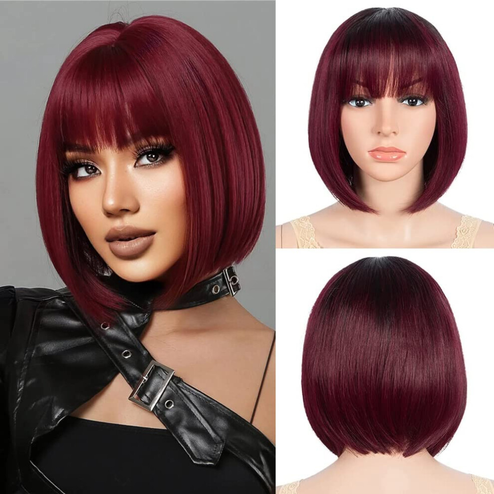Unisex Black,Red 99J Human Hair Bob Wig With Bangs 14 Inch Burgundy Glueless Brazilian Virgin Hair For Black Women